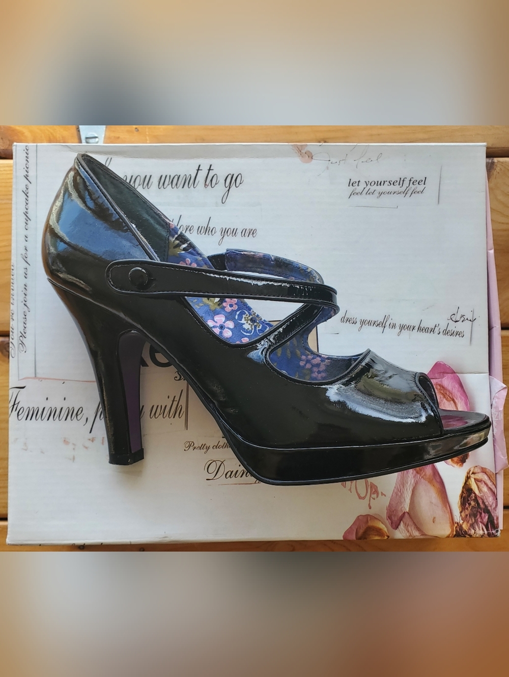 Women’s Black Patent Mary Jane Heels with Floral Lining